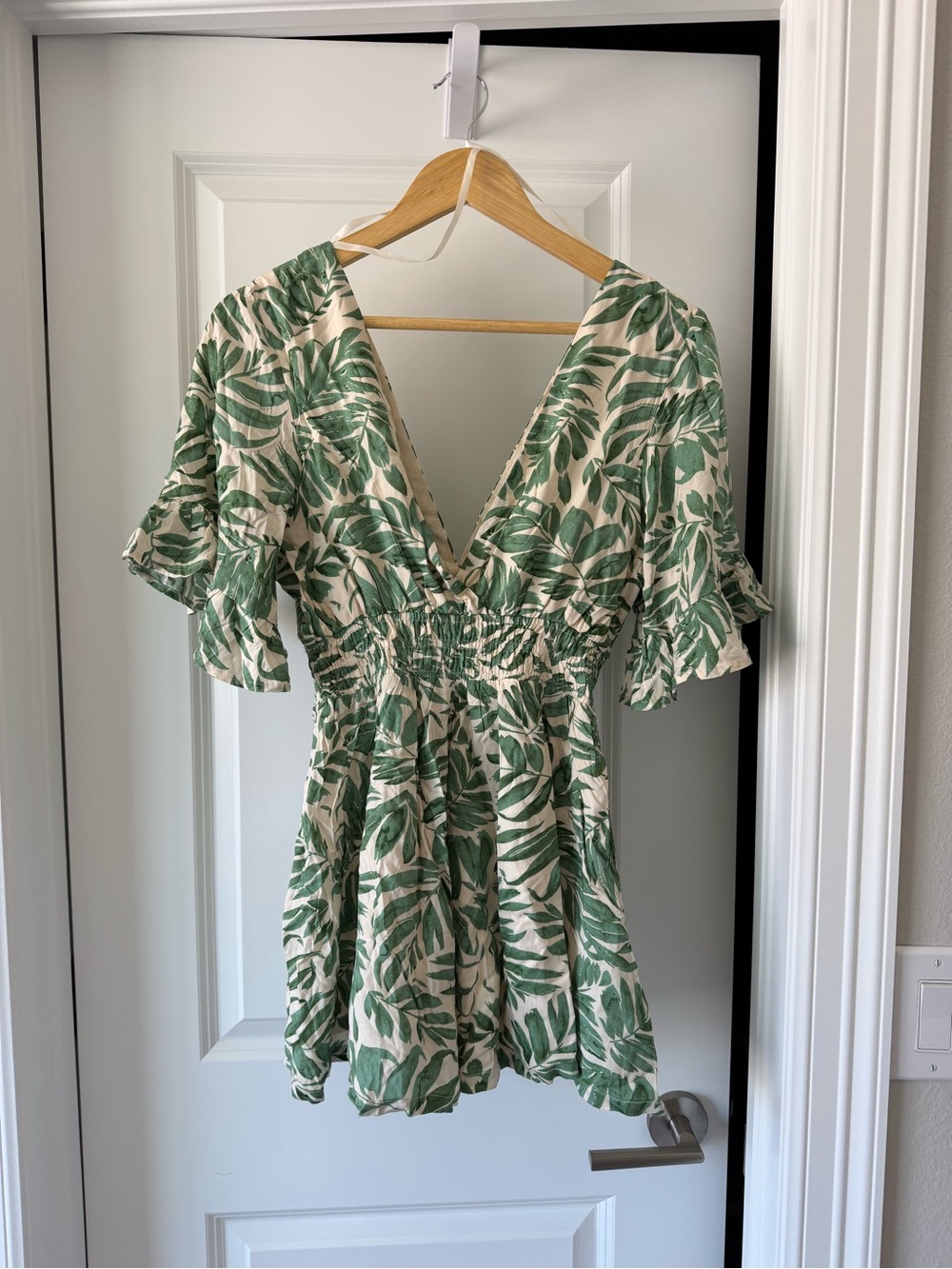 Vici Green Leaf Print Mini Dress on Cream